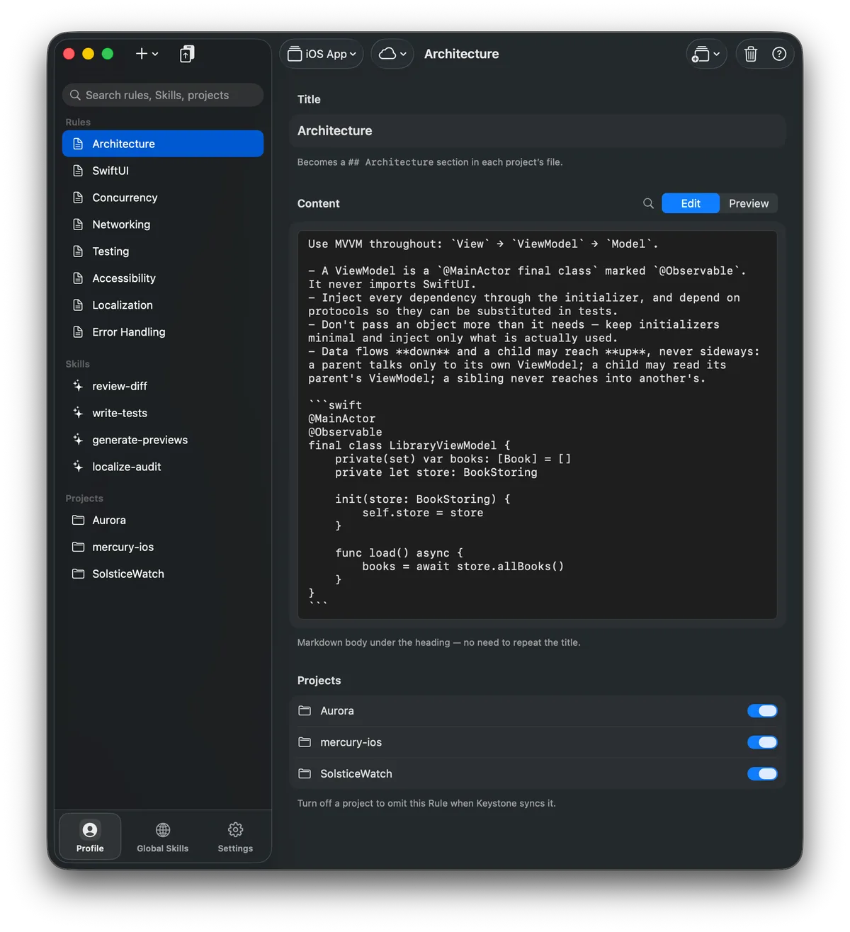 Keystone rule editor with an Architecture rule, markdown content, and per-project inclusion toggles.